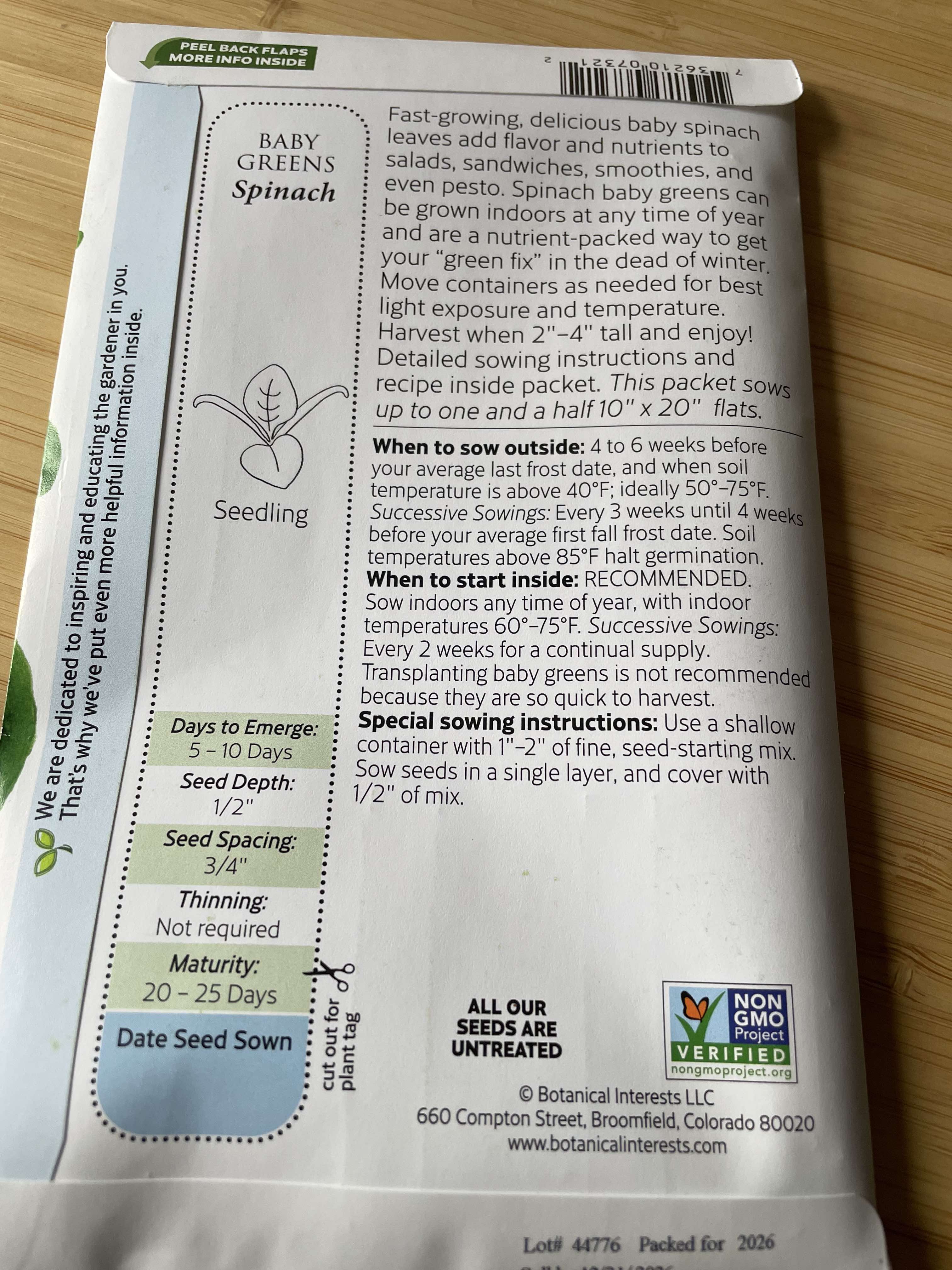 Spinach seed packet back