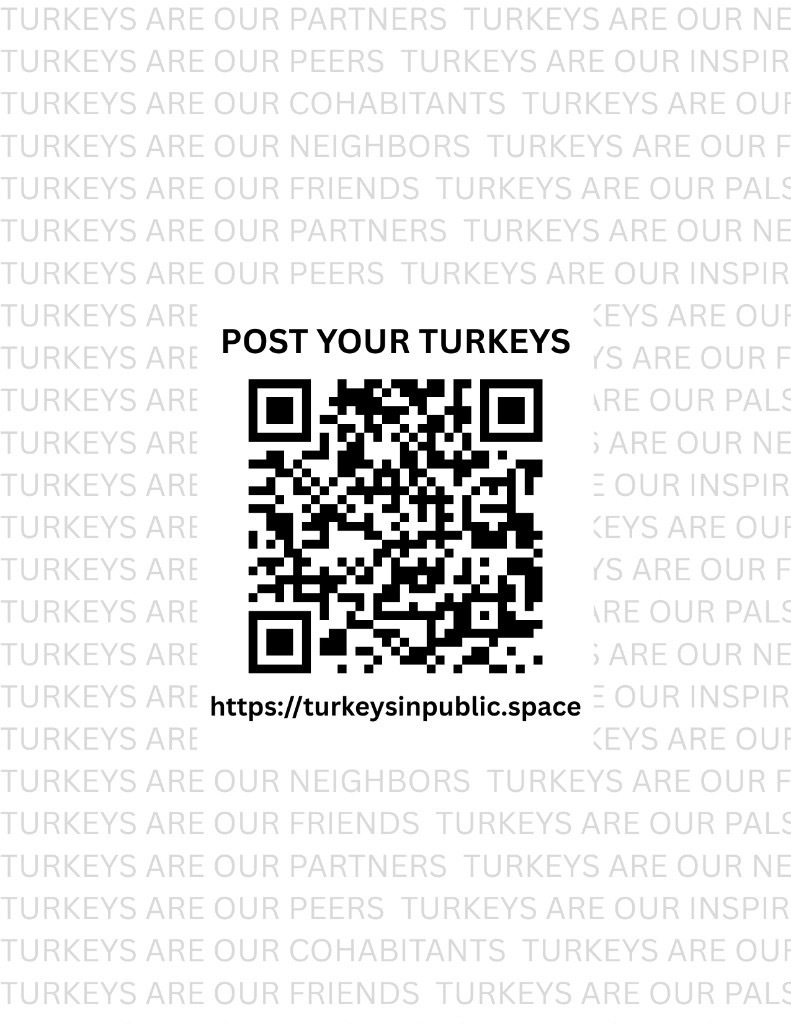 Post Your Turkeys QR code flyer over repeating Turkeys Are Our Friends text