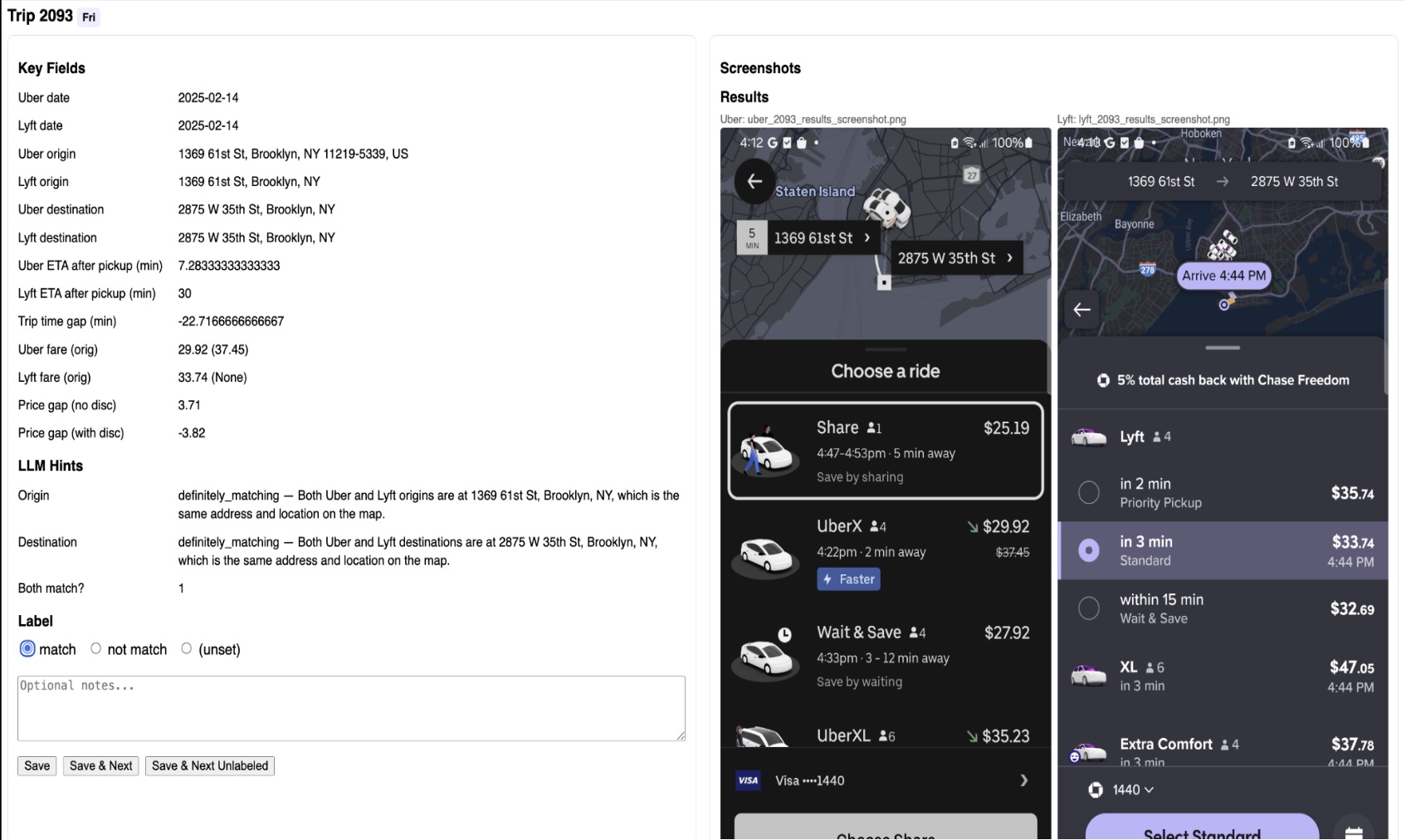 Data-labeling interface comparing Uber and Lyft ride options for the same trip