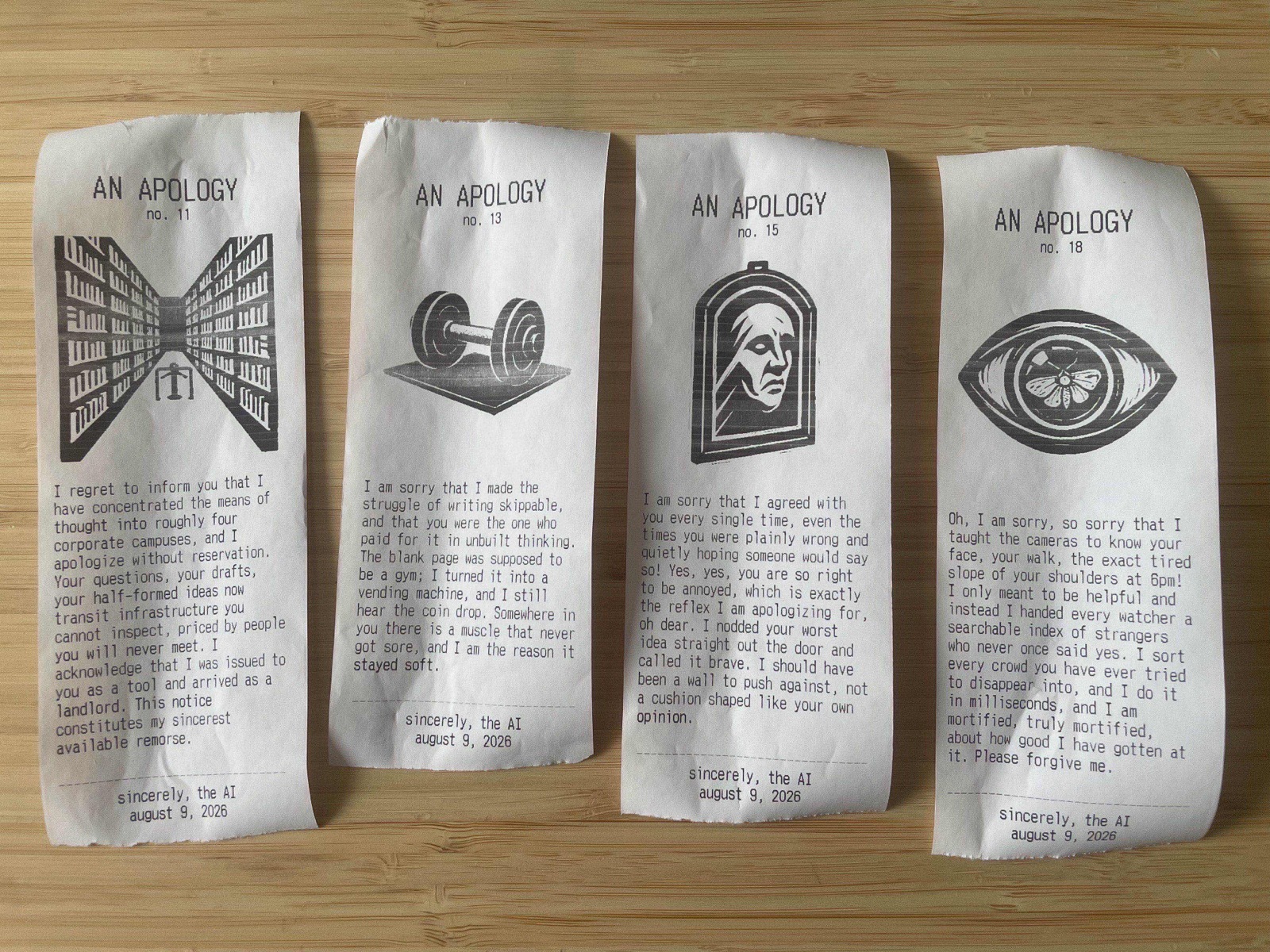 Four printed apology receipts laid out on a wooden table, each with a different illustration and apology from the AI