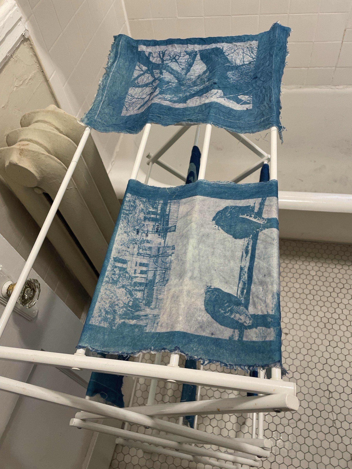 Freshly rinsed cyanotype prints drying on a rack over the bathtub