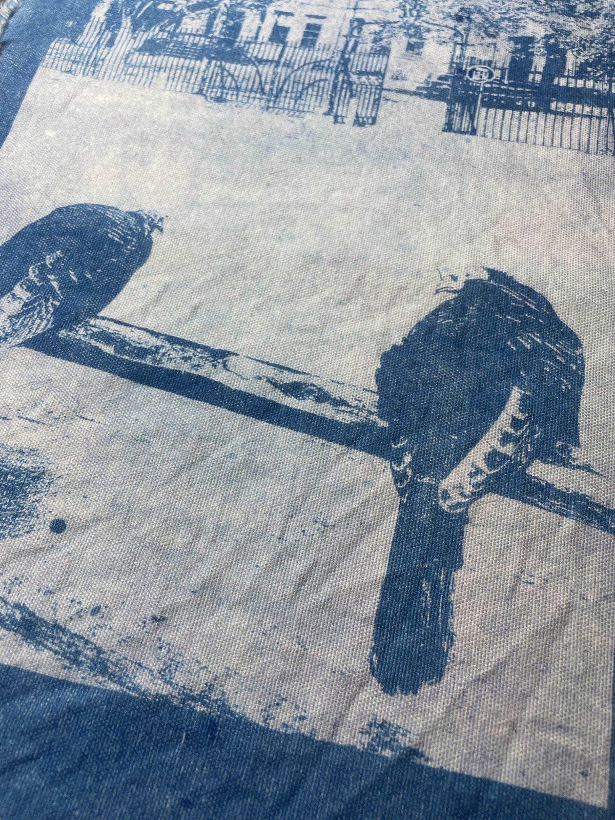 Close-up detail of the turkey cyanotype showing the fabric texture