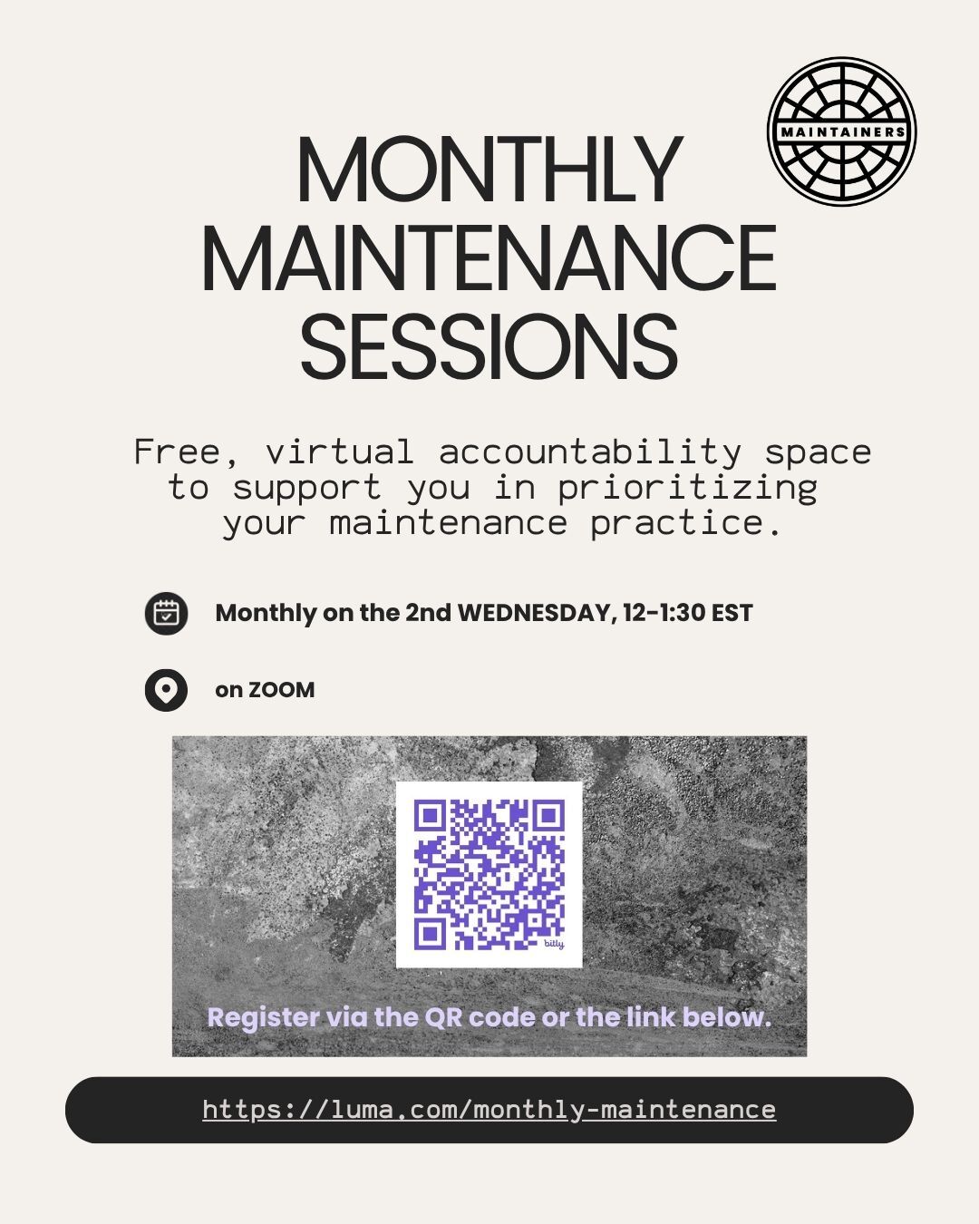 Flyer for the 2026-2027 Monthly Maintenance Sessions