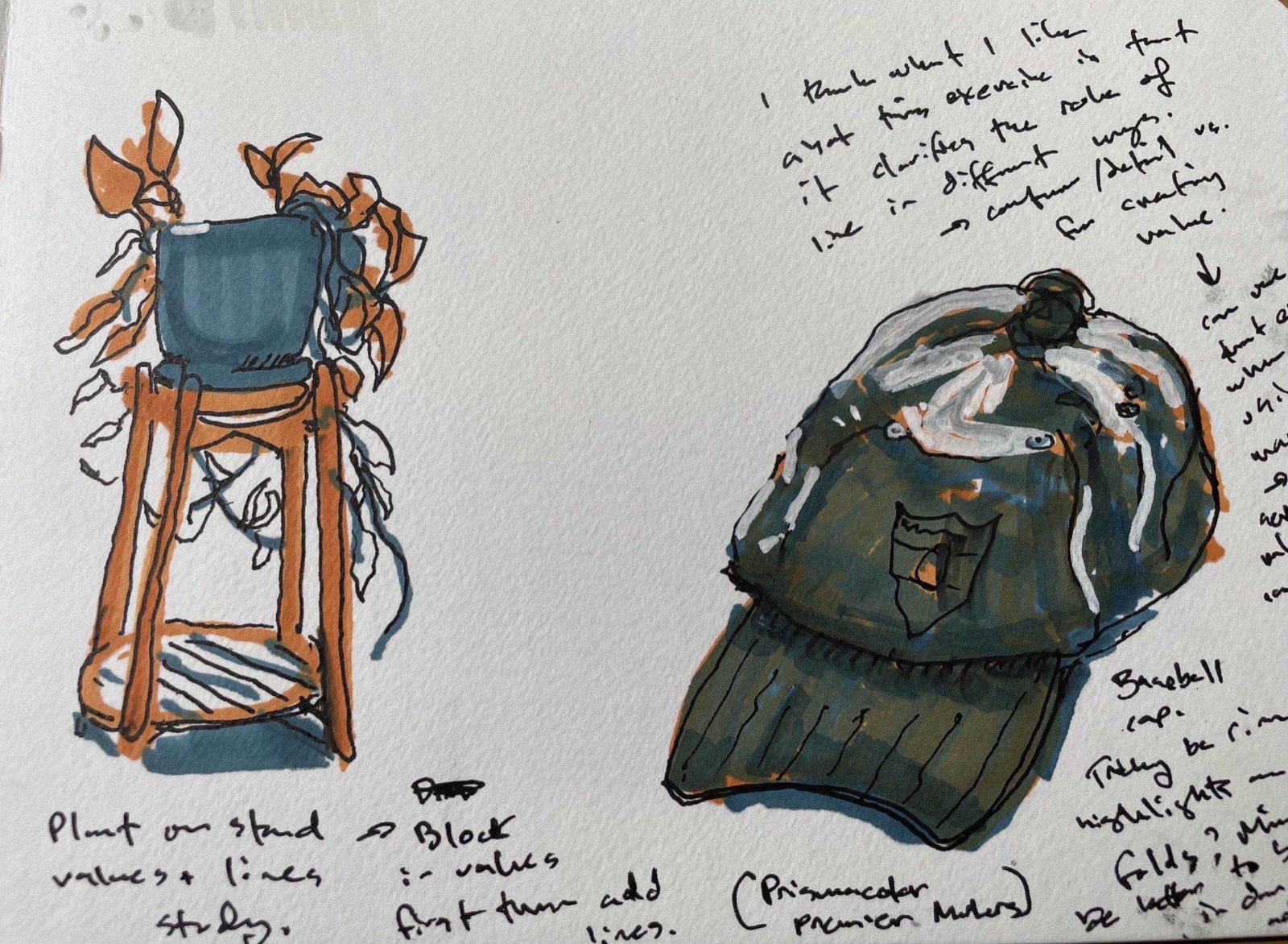 marker value studies of a plant on a stand and a baseball cap, with notes