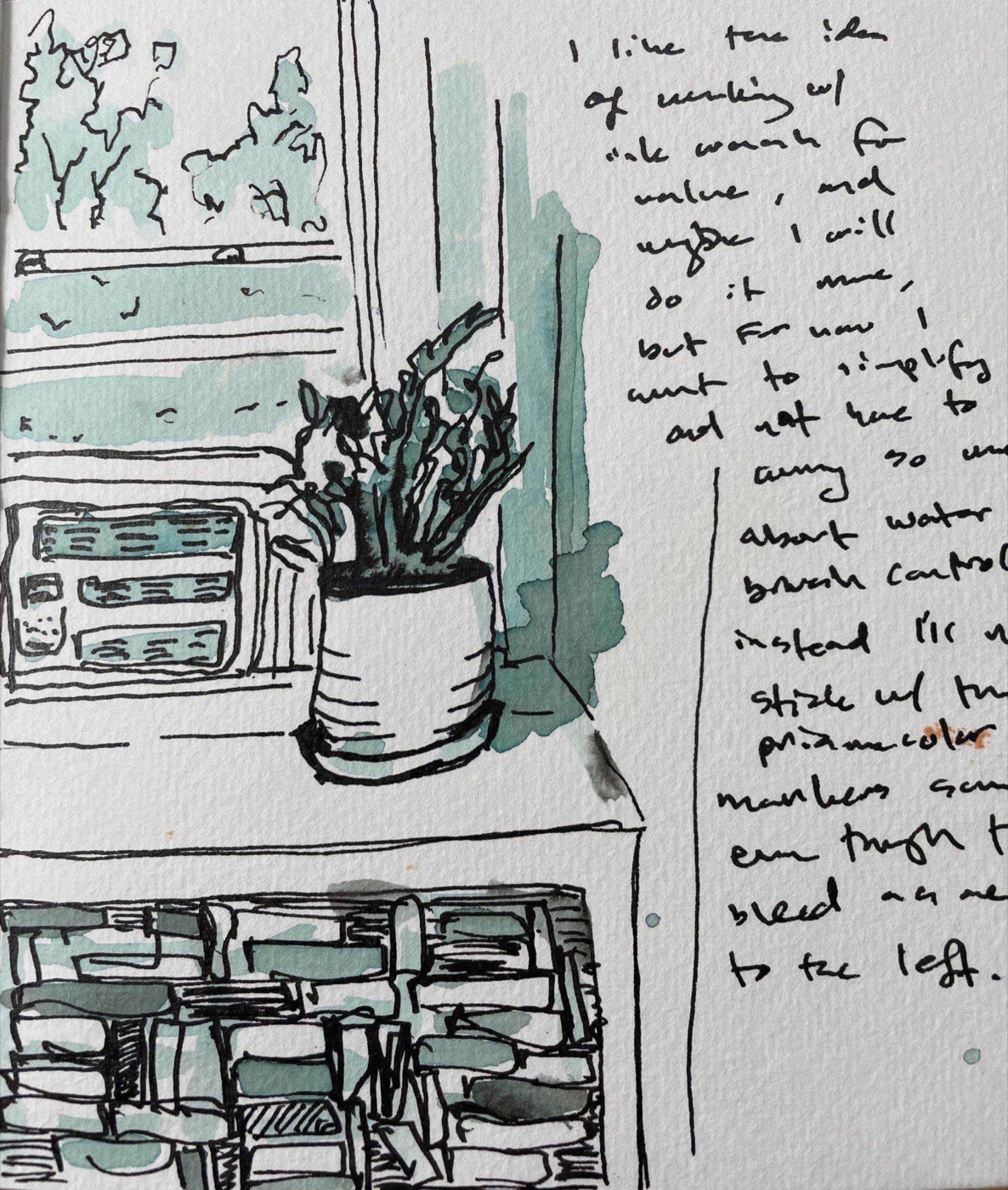 ink and wash sketch of a potted plant on a windowsill, with notes