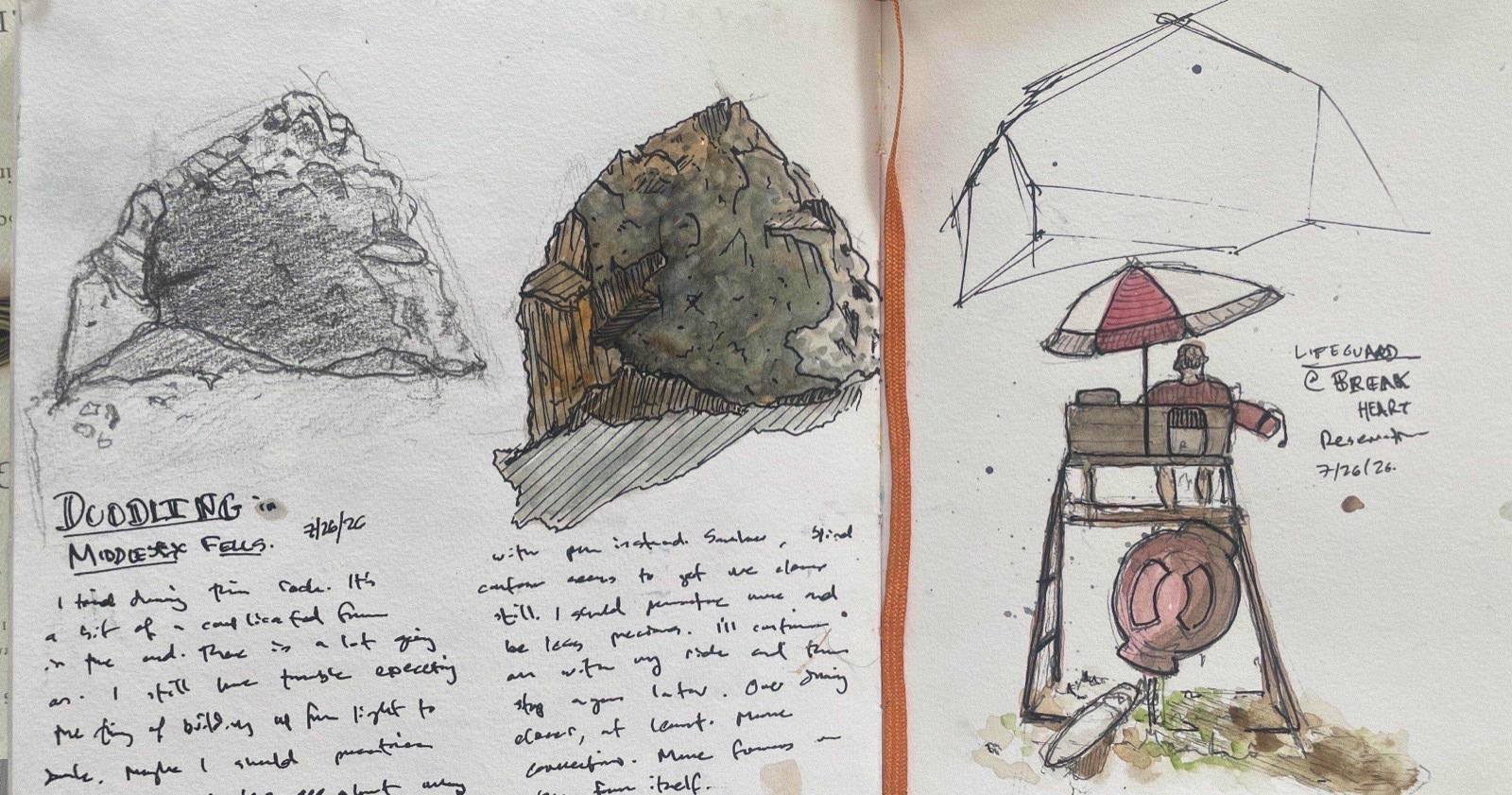 sketchbook pages with studies of a rock and a lifeguard chair