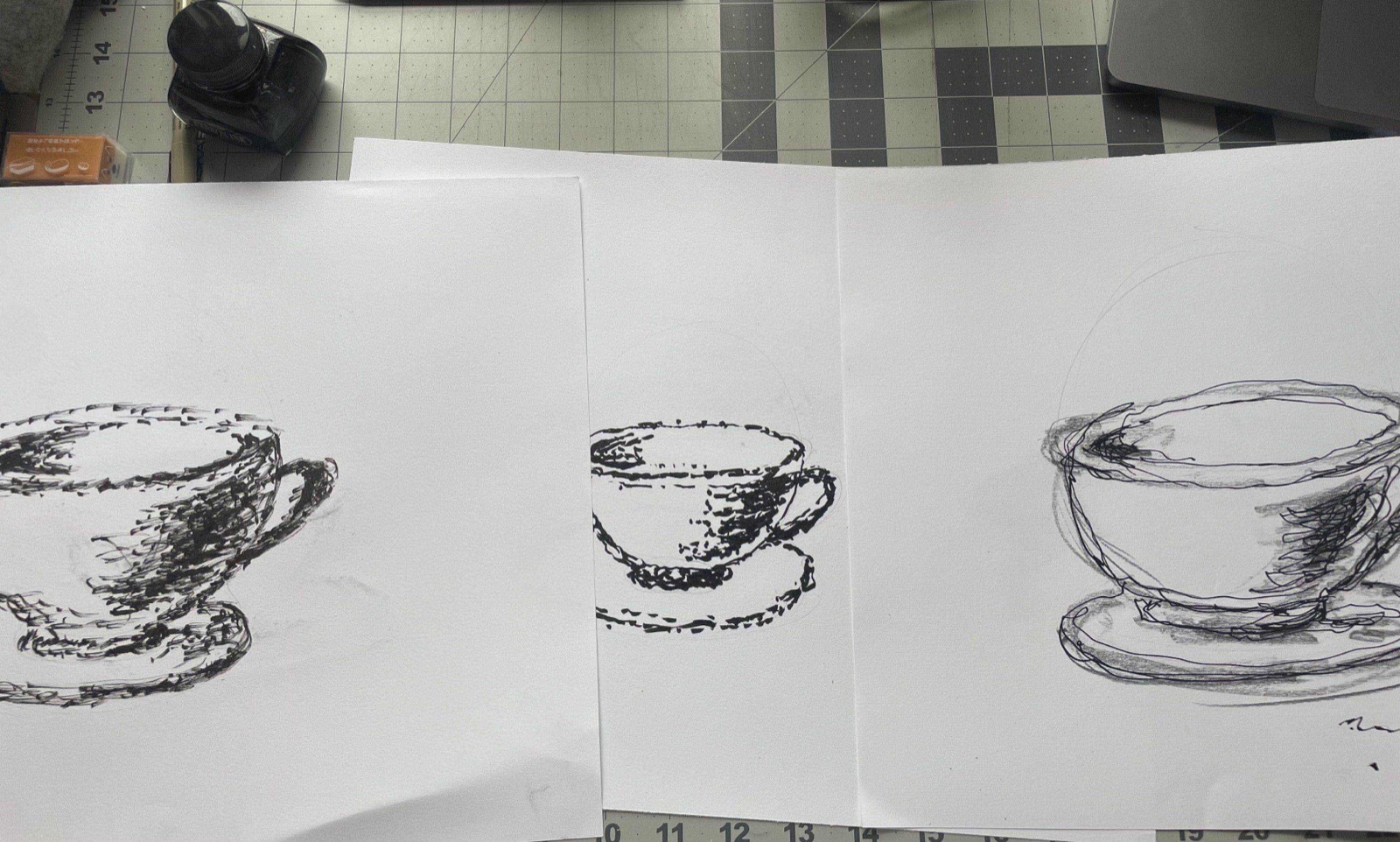 line quality experiments: three ink and pencil studies of the same teacup